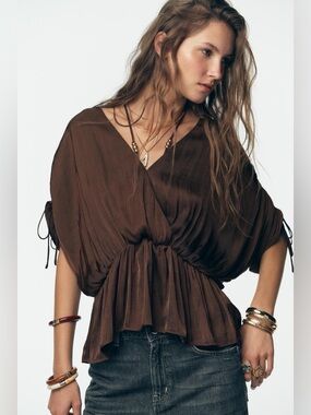 Zara Brown V-Neck Gathered Waist Women’s Top